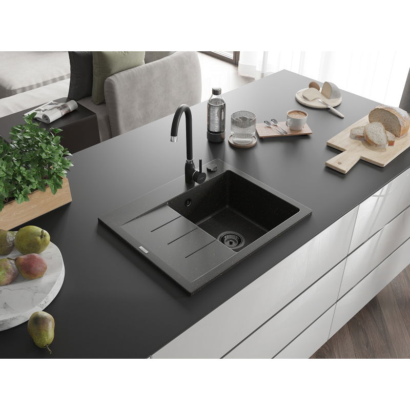 Mexen Ben Granitový drez s 1 komorou a odkvapkávačom, pravý 600 x 500 mm, čierny/zlatý metalik s čiernym sifónom