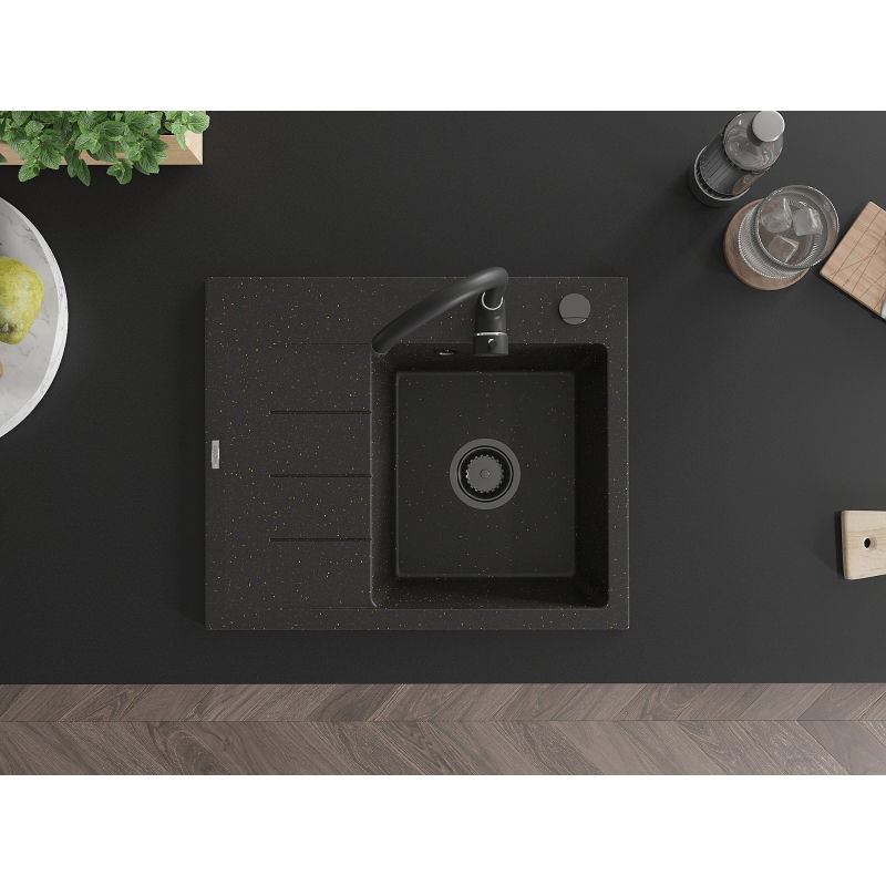 Mexen Ben Granitový drez s 1 komorou a odkvapkávačom, pravý 600 x 500 mm, čierny/zlatý metalik s čiernym sifónom