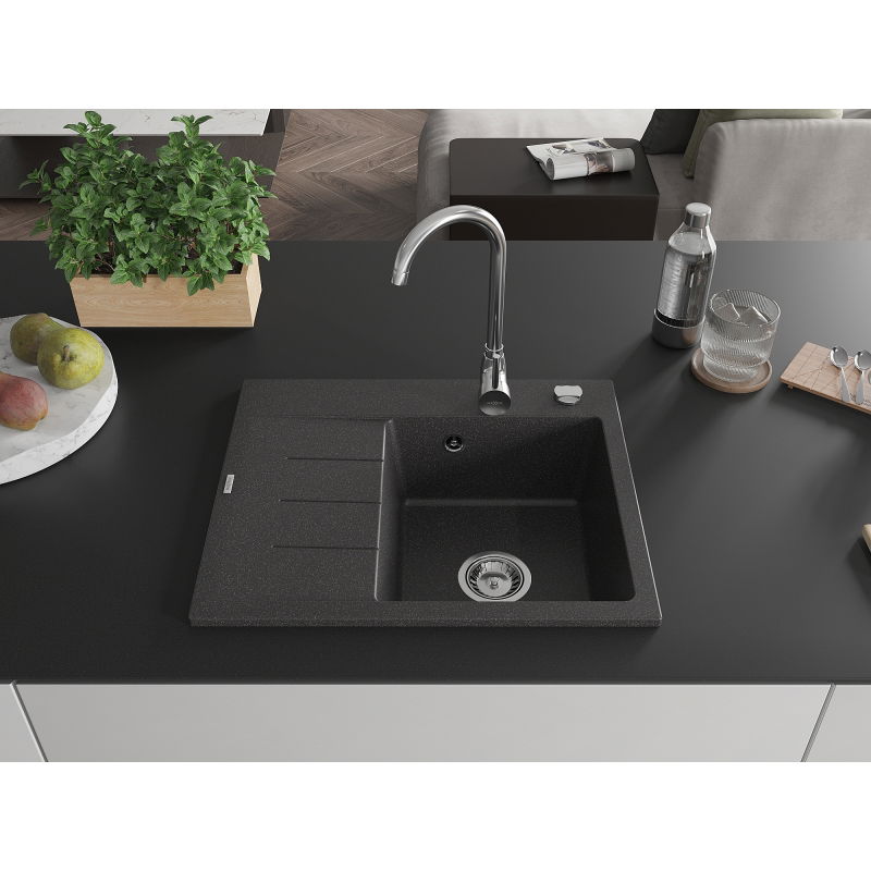 Mexen Ben granitový kuchynský drez 1-komorový s odkvapkávačom, pravý 600 x 500 mm, čierny s bodkami, chrómový sifón