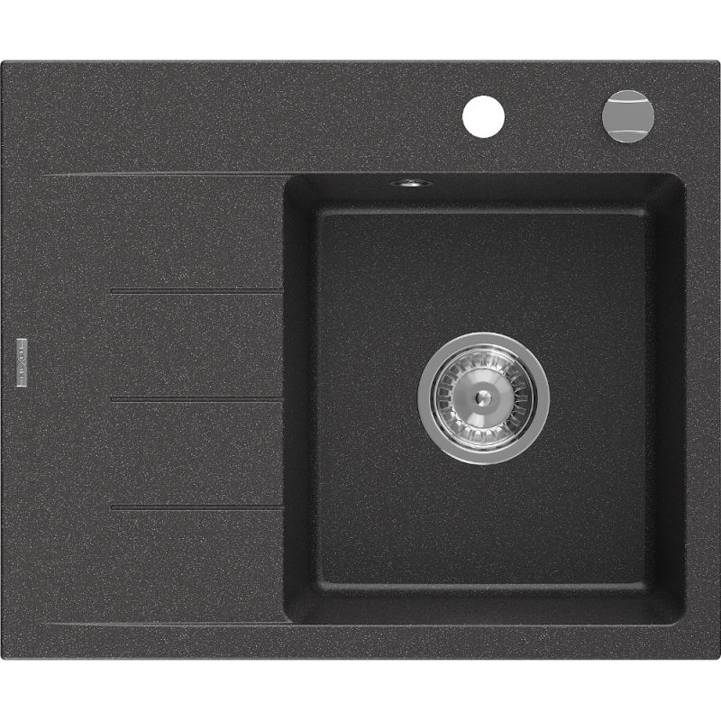Mexen Ben granitový kuchynský drez 1-komorový s odkvapkávačom, pravý 600 x 500 mm, čierny s bodkami, chrómový sifón