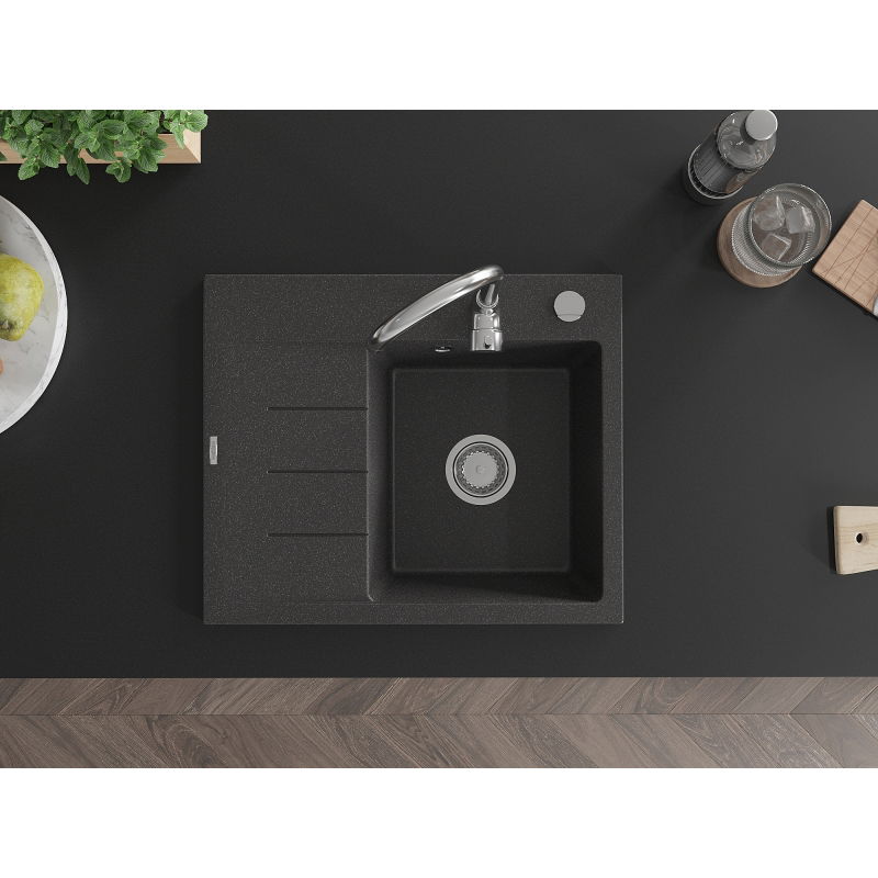 Mexen Ben granitový kuchynský drez 1-komorový s odkvapkávačom, pravý 600 x 500 mm, čierny s bodkami, chrómový sifón