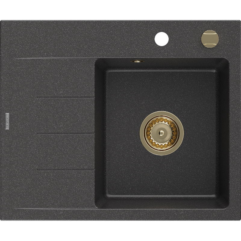 Mexen Ben Granitový drez s 1 komorou a odkvapkávačom, pravý 600 x 500 mm, čierny s fľakmi, zlatý sifón - 6523605000-76-G