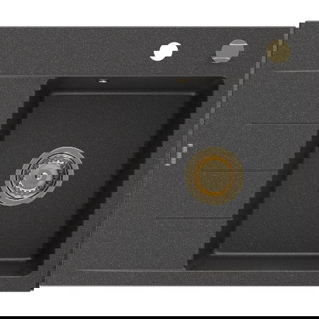 Mexen Ben Granitový drez s 1 komorou a odkvapkávačom, pravý 600 x 500 mm, čierny s fľakmi, zlatý sifón - 6523605000-76-G