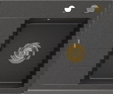 Mexen Ben Granitový drez s 1 komorou a odkvapkávačom, pravý 600 x 500 mm, čierny s fľakmi, zlatý sifón - 6523605000-76-G