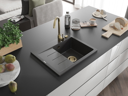 Mexen Ben Granitový drez s 1 komorou a odkvapkávačom, pravý 600 x 500 mm, čierny s fľakmi, zlatý sifón - 6523605000-76-G