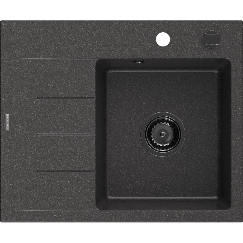 Mexen Ben granitový drez 1-komorový s odkvapkávačom, pravý 600 x 500 mm, čierny s bodkami, čierny sifón
