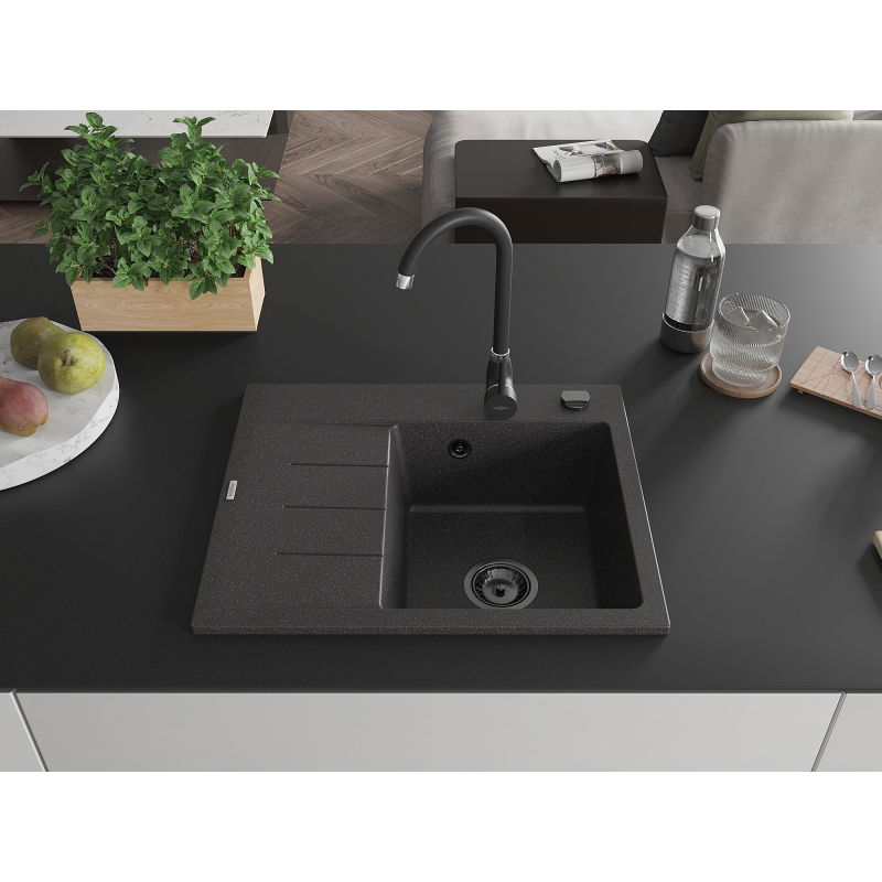 Mexen Ben granitový drez 1-komorový s odkvapkávačom, pravý 600 x 500 mm, čierny s bodkami, čierny sifón