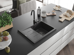 Mexen Ben granitový drez 1-komorový s odkvapkávačom, pravý 600 x 500 mm, čierny s bodkami, čierny sifón