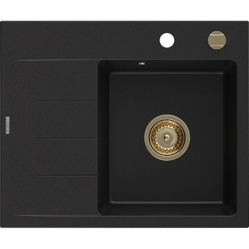 Mexen Ben granitový drez 1-komorový s odkvapkávačom, pravý 600 x 500 mm, čierny, zlatý sifón - 6523605000-77-G