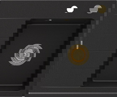 Mexen Ben granitový drez 1-komorový s odkvapkávačom, pravý 600 x 500 mm, čierny, zlatý sifón - 6523605000-77-G