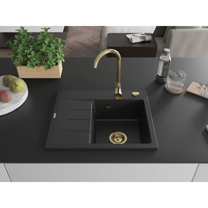 Mexen Ben granitový drez 1-komorový s odkvapkávačom, pravý 600 x 500 mm, čierny, zlatý sifón - 6523605000-77-G