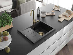 Mexen Ben granitový drez 1-komorový s odkvapkávačom, pravý 600 x 500 mm, čierny, zlatý sifón - 6523605000-77-G