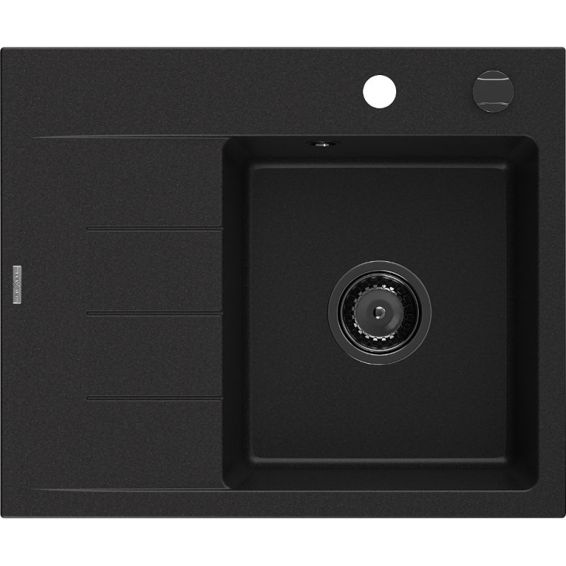 Mexen Ben granitový drez 1-komorový s odkvapkávačom, pravý 600 x 500 mm, čierny, čierny sifón - 6523605000-77-B