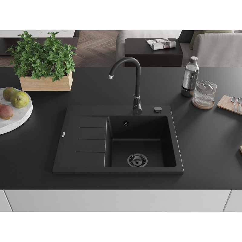 Mexen Ben granitový drez 1-komorový s odkvapkávačom, pravý 600 x 500 mm, čierny, čierny sifón - 6523605000-77-B