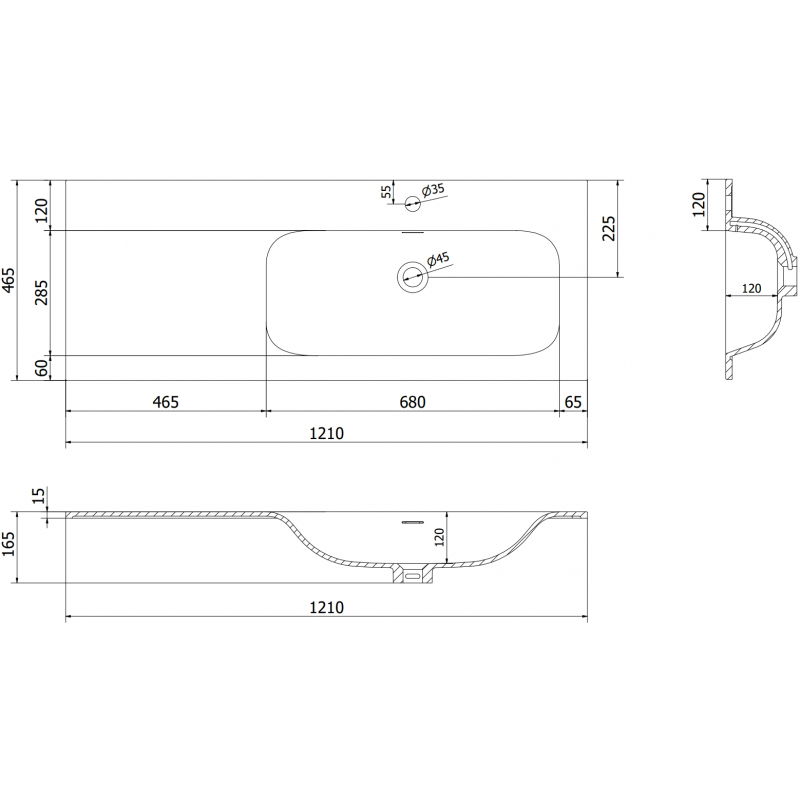 Mexen Vela umývadlo zapustené do dosky pravé 121 x 46,5 cm, biela matná - 25231201P