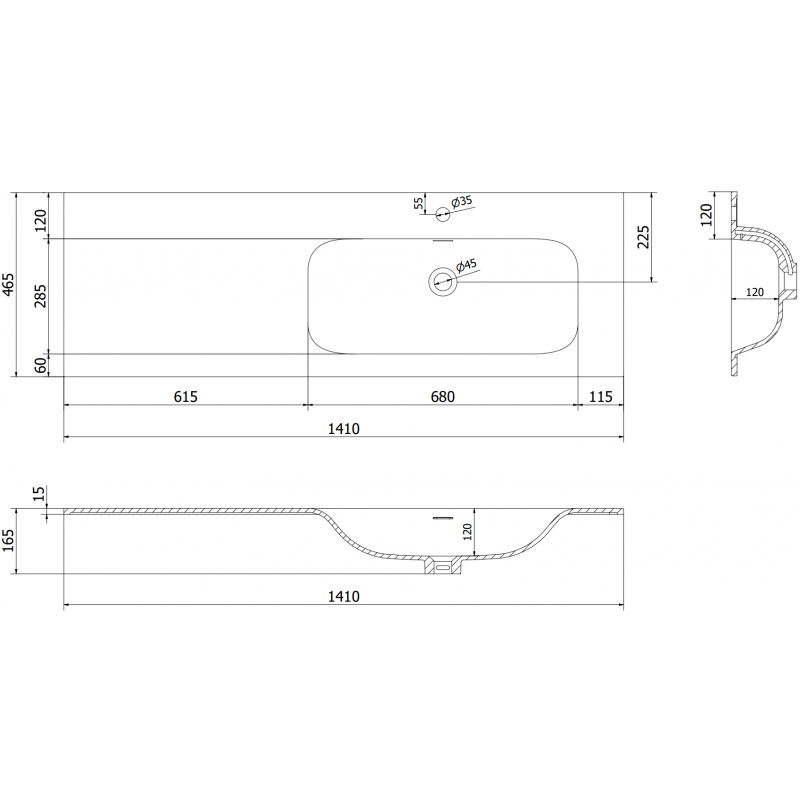 Mexen Vela umývadlo zapustené do dosky pravé 141 x 46,5 cm, biela matná - 25231401P