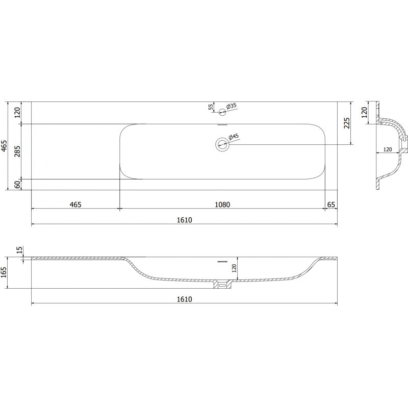 Mexen Vela umývadlo zapustené v doske pravé 161 x 46,5 cm, biela mat - 25231601P
