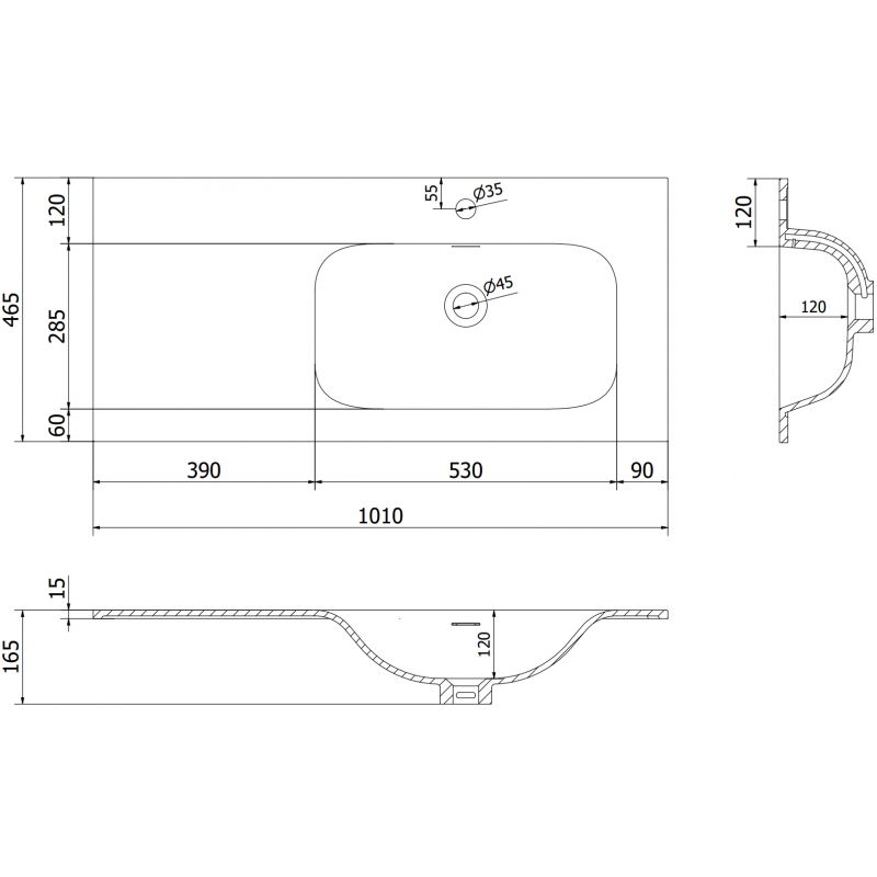 Mexen Vela umývadlo zapustené do dosky pravé 101 x 46,5 cm, čierna mat - 25231071P