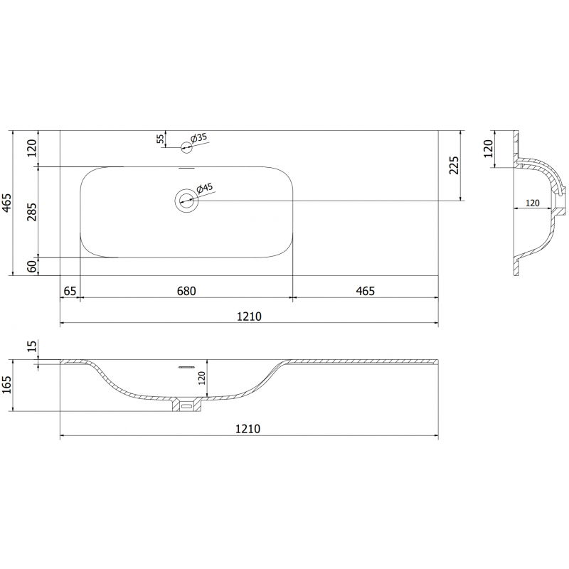 Mexen Vela umývadlo zapustené do dosky ľavé 121 x 46,5 cm, čierna matná - 25231271L