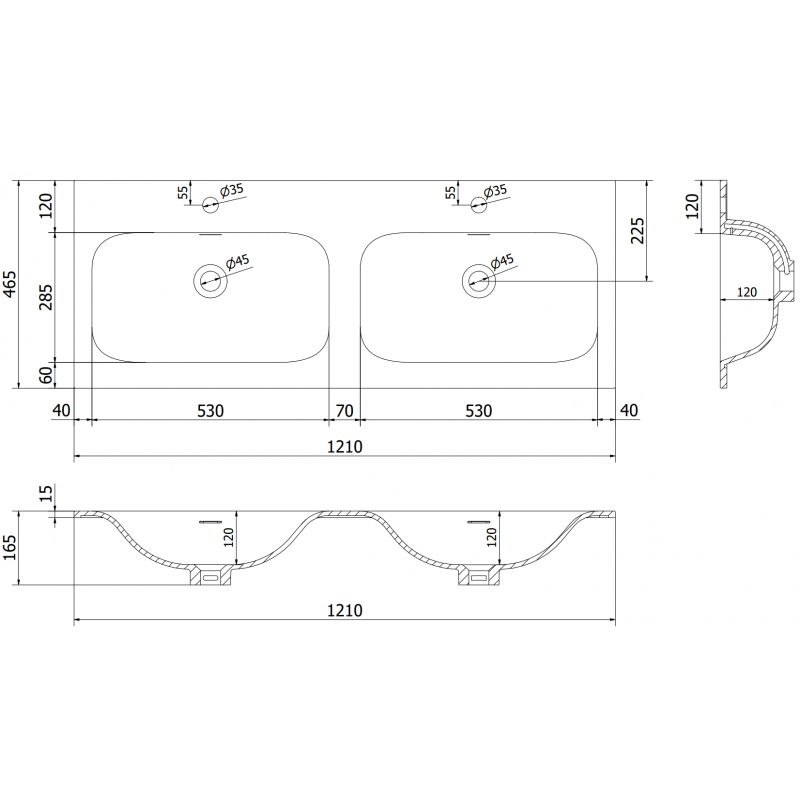 Mexen Vela umývadlo zapustené do dosky dvojité 121 x 46,5 cm, biele lesklé - 25231200D