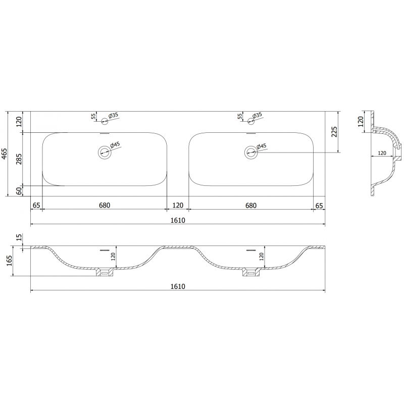 Mexen Vela dvojité umývadlo zapustené do pracovnej dosky 161 x 46,5 cm, biela lesklá - 25231600D