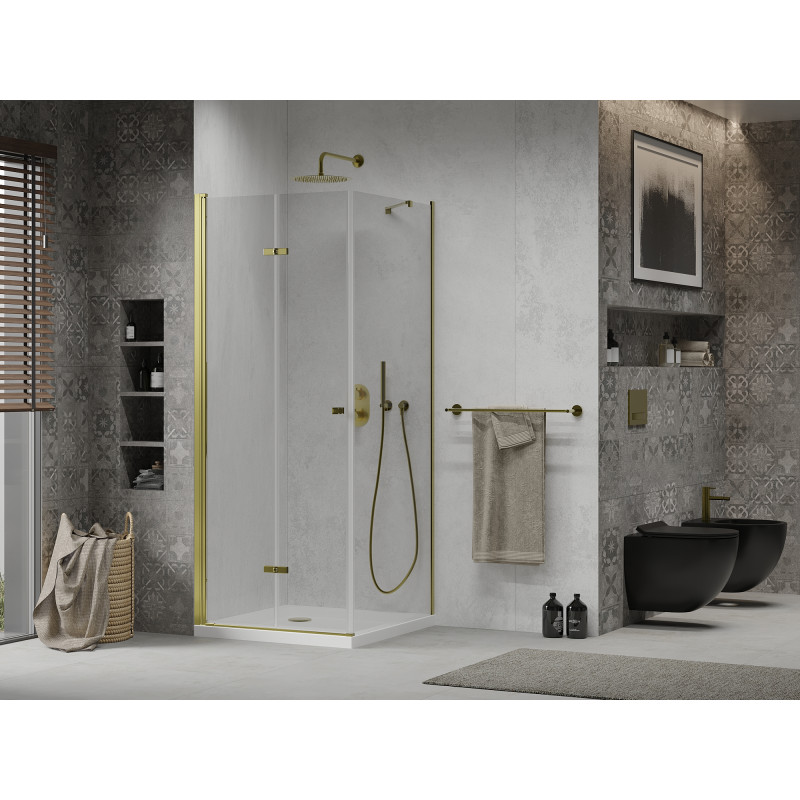 Mexen Lima skladacia sprchová kabína 80 x 80 cm, transparentná, zlatá + vanička Flat - 856-080-080-50-00-4010