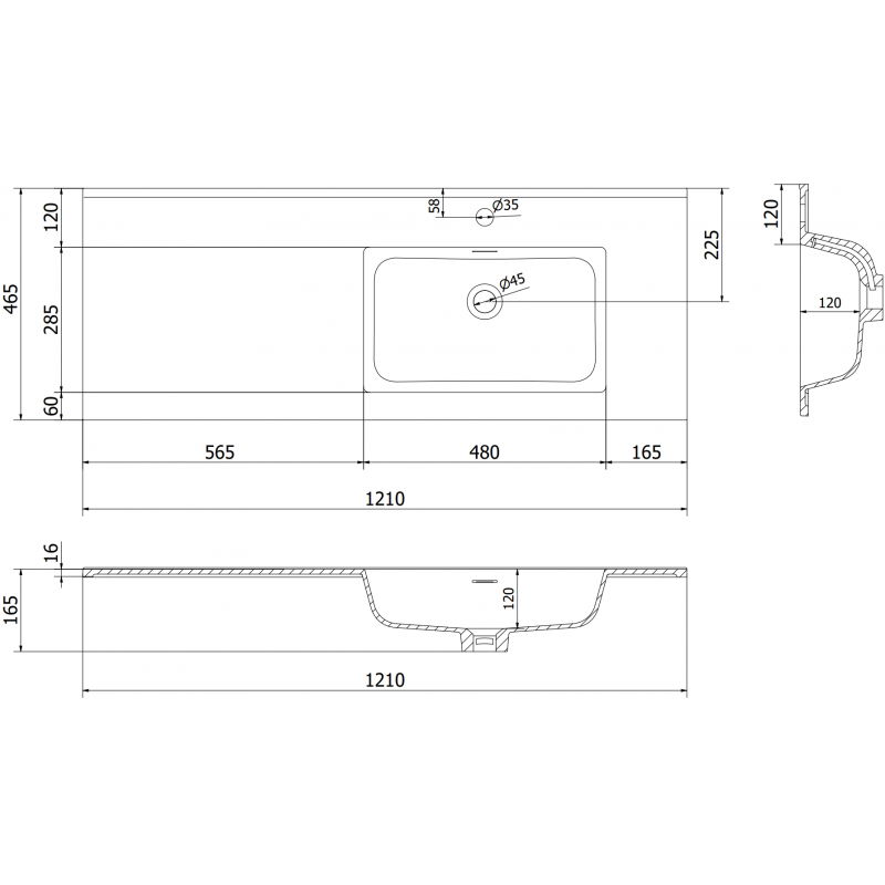 Mexen Otis umývadlo zapustené do dosky pravé 121 x 46,5 cm, biela lesk - 25181200P