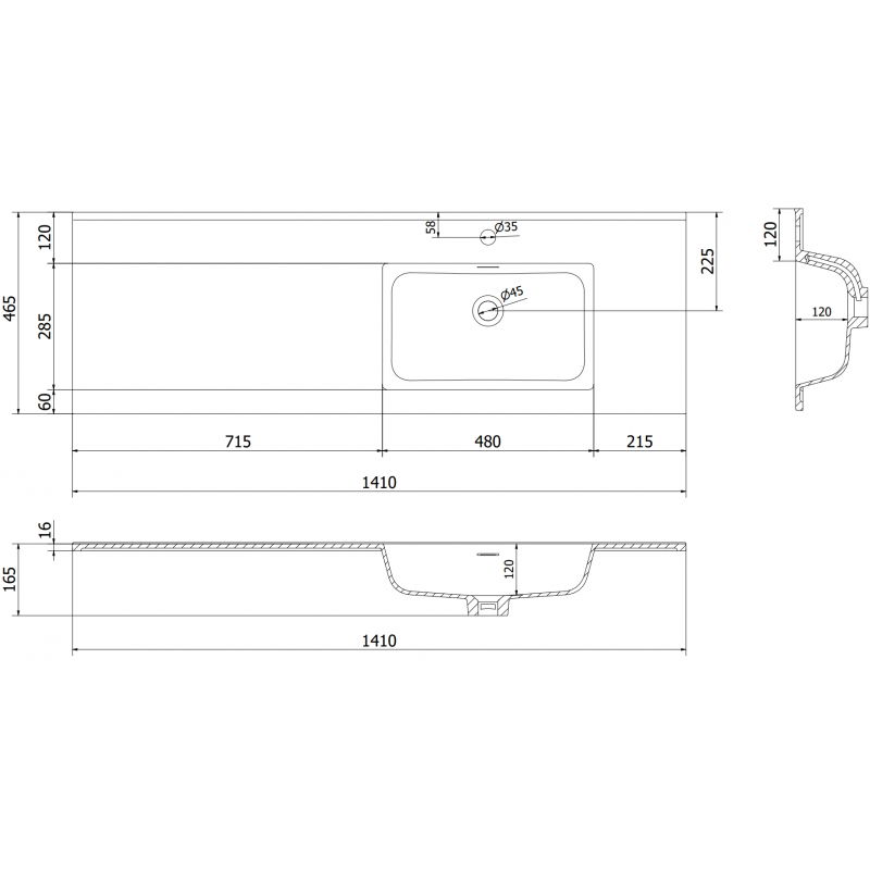 Mexen Otis umývadlo zapustené do dosky pravé 141 x 46,5 cm, biely lesk - 25181400P