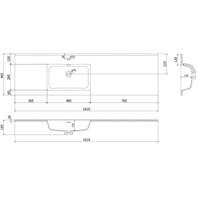 Mexen Otis umývadlo zapustené do dosky ľavé 161 x 46,5 cm, čierna matná - 25181671L