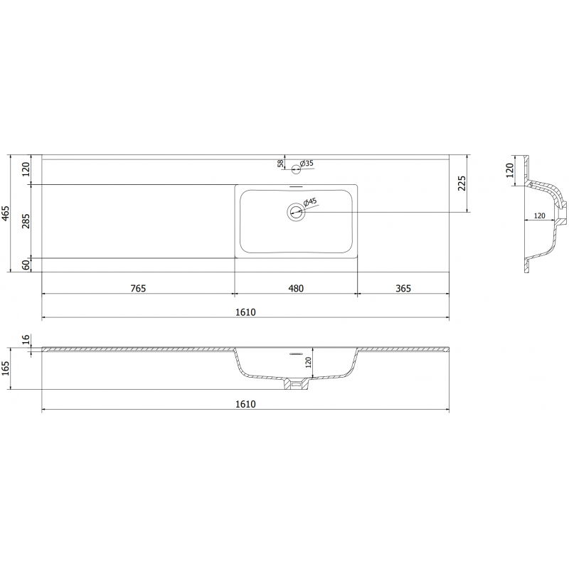 Mexen Otis umývadlo zapustené do dosky pravé 161 x 46,5 cm, biela matná - 25181601P