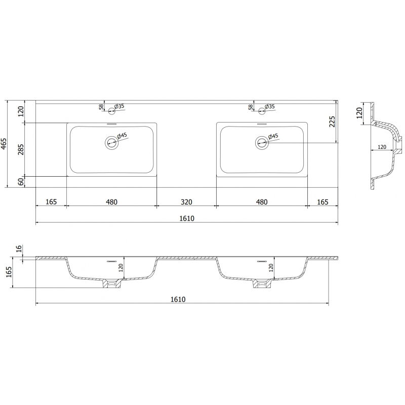 Mexen Otis umývadlo zapustené v doske dvojité 161 x 46,5 cm, biela mat - 25181601D