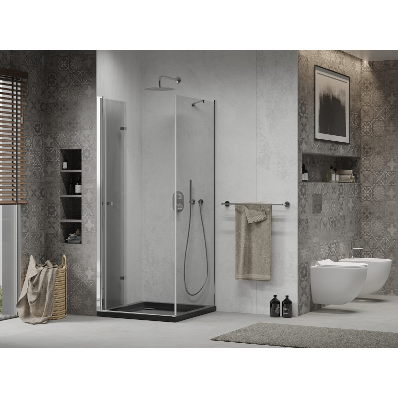 Mexen Lima skladacia sprchová kabína 80 x 80 cm, transparentná, chróm + vanička Flat, čierna - 856-080-080-01-00-4070