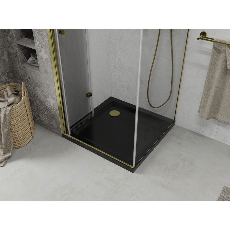 Mexen Lima skladacia sprchová kabína 80 x 80 cm, transparentná, zlatá + vanička Flat, čierna - 856-080-080-50-00-4070G
