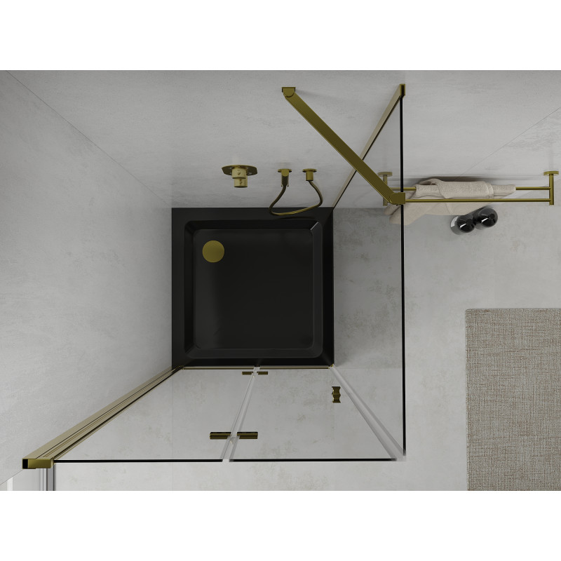 Mexen Lima sprchovací kút zložený 90 x 90 cm, transparentný, zlatý + vanička Flat, čierna - 856-090-090-50-00-4070G