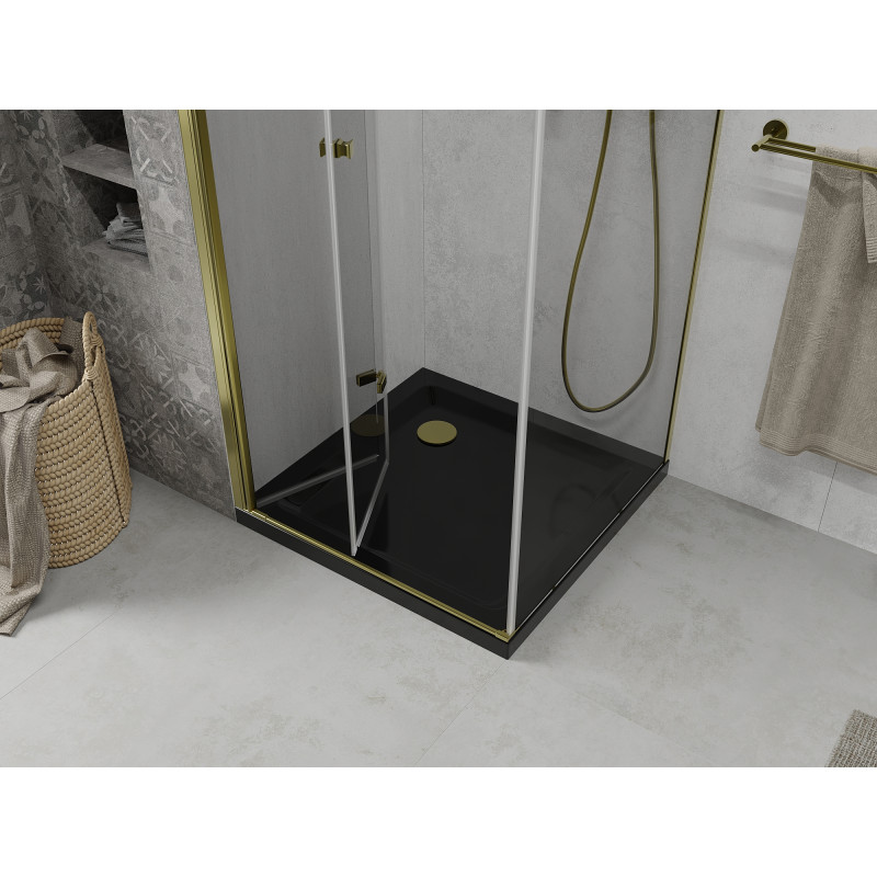 Mexen Lima sprchovací kút zložený 90 x 90 cm, transparentný, zlatý + vanička Flat, čierna - 856-090-090-50-00-4070G