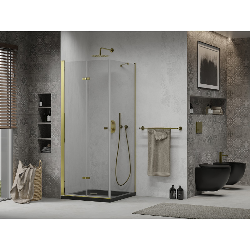 Mexen Lima sprchovací kút zložený 90 x 90 cm, transparentný, zlatý + vanička Flat, čierna - 856-090-090-50-00-4070G