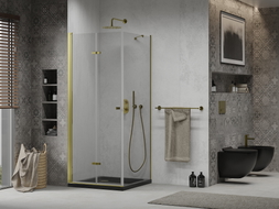 Mexen Lima sprchovací kút zložený 90 x 90 cm, transparentný, zlatý + vanička Flat, čierna - 856-090-090-50-00-4070G