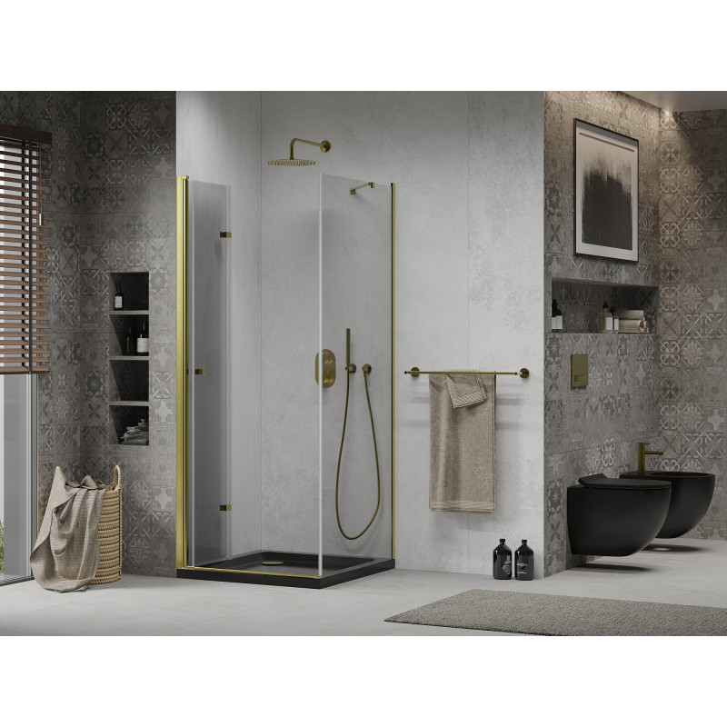 Mexen Lima sprchovací kút zložený 90 x 90 cm, transparentný, zlatý + vanička Flat, čierna - 856-090-090-50-00-4070G