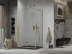 Mexen Lima skladací sprchovací kút 90 x 100 cm, transparentný, zlatý + vanička Flat, čierna - 856-090-100-50-00-4070G