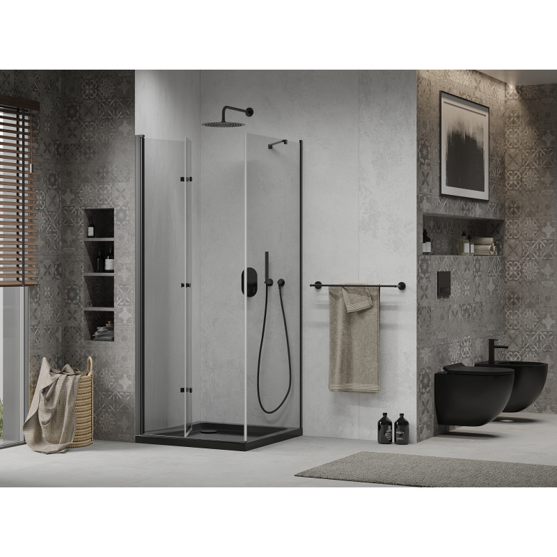 Mexen Lima skladacia sprchová kabína 80 x 80 cm, priehľadná, čierna + vanička Flat, čierna - 856-080-080-70-00-4070B