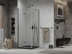 Mexen Lima skladací sprchový kút 80 x 80 cm, transparentný, čierny + vanička Flat, čierna - 856-080-080-70-00-4070B
