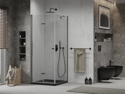 Mexen Lima skladacia sprchová kabína 80 x 80 cm, priehľadná, čierna + vanička Flat, čierna - 856-080-080-70-00-4070B