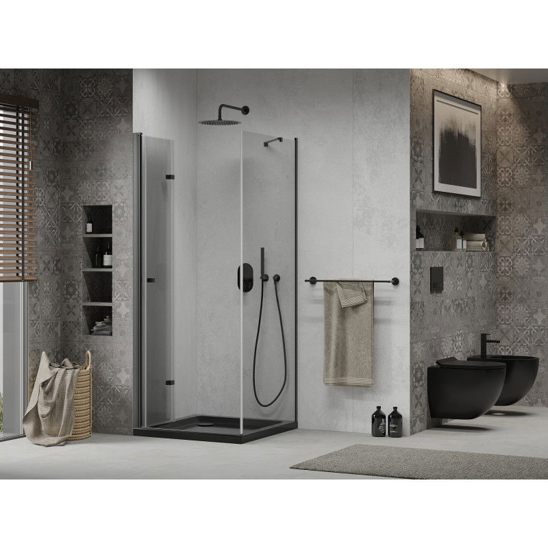 Mexen Lima skladací sprchový kút 80 x 80 cm, transparentný, čierny + vanička Flat, čierna - 856-080-080-70-00-4070B