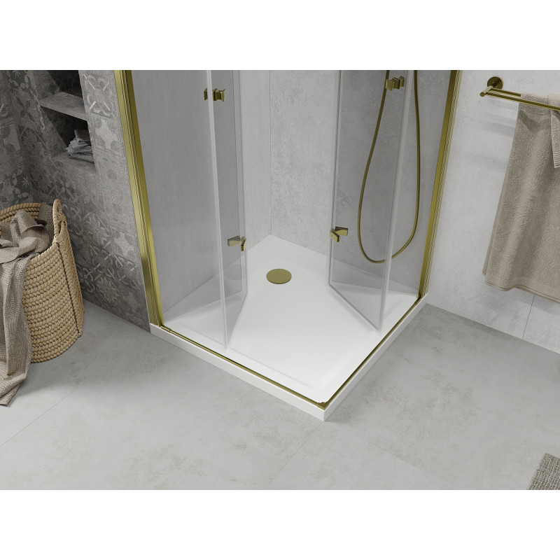 Mexen Lima Duo skladací sprchovací kút 70 x 70 cm, transparentný, zlatý + vanička Flat - 856-070-070-50-02-4010G