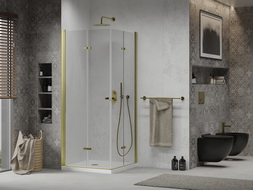 Mexen Lima Duo skladací sprchovací kút 70 x 70 cm, transparentný, zlatý + vanička Flat - 856-070-070-50-02-4010G