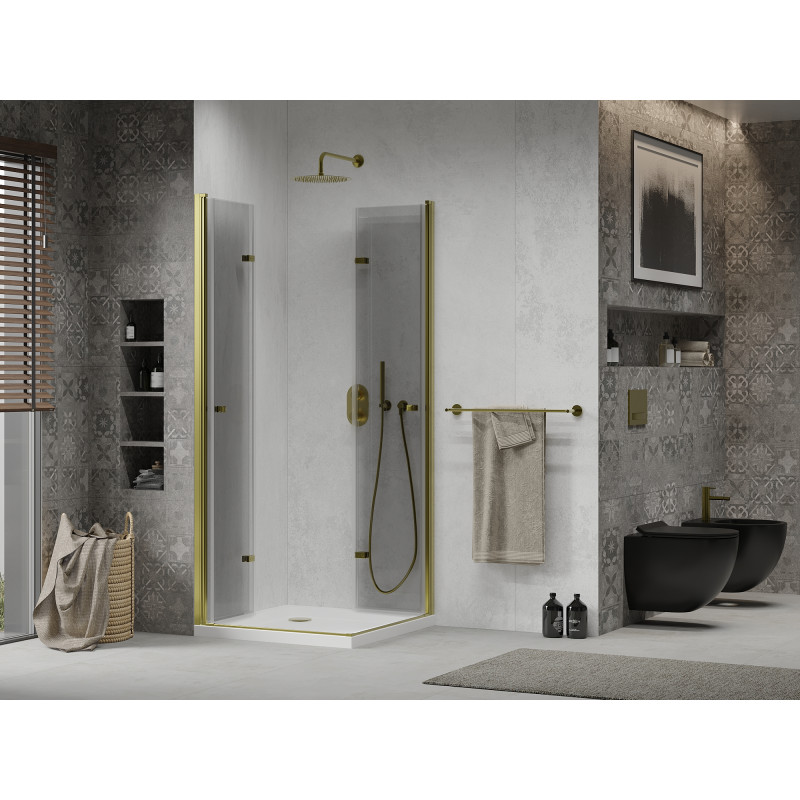 Mexen Lima Duo skladací sprchovací kút 70 x 70 cm, transparentný, zlatý + vanička Flat - 856-070-070-50-02-4010G