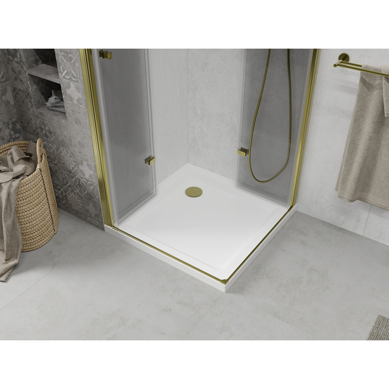 Mexen Lima Duo skladací sprchový kút 80 x 80 cm, priehľadný, zlatý + vanička Flat - 856-080-080-50-02-4010G