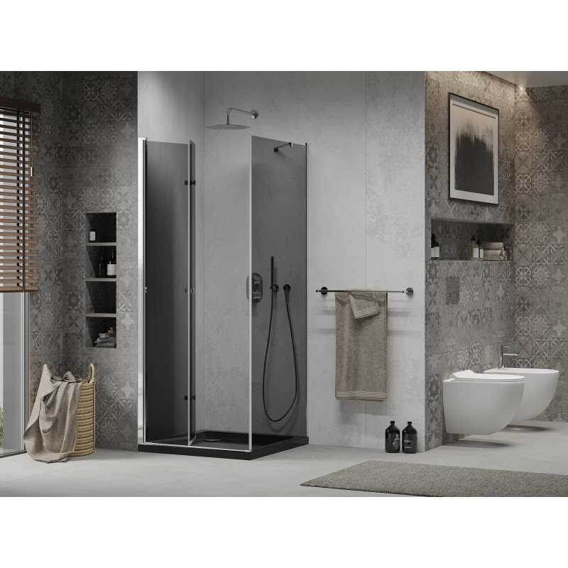 Mexen Lima skladací sprchovací kút 90 x 90 cm, grafit, chróm + vanička Flat, čierna - 856-090-090-01-40-4070