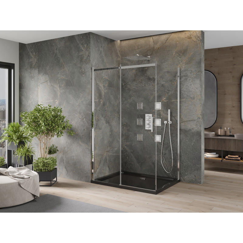 Mexen Omega posuvná sprchová kabína 120 x 80 cm, transparentná, chróm + vanička Flat, čierna - 825-120-080-01-00-4070