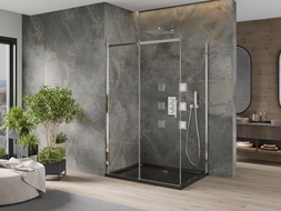 Mexen Omega posuvná sprchová kabína 120 x 90 cm, transparentná, chróm + sprchová vanička Flat, čierna
